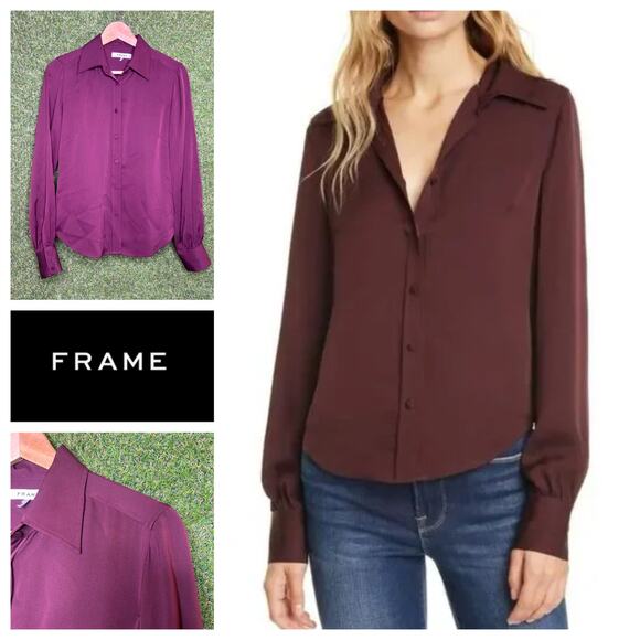 Frame Bordeaux Silk Button-Down‎ Shirt Long Sleeve Collared Size S Small - Picture 1 of 8